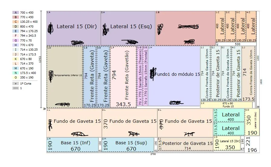 Plano de corte de uma cômoda
