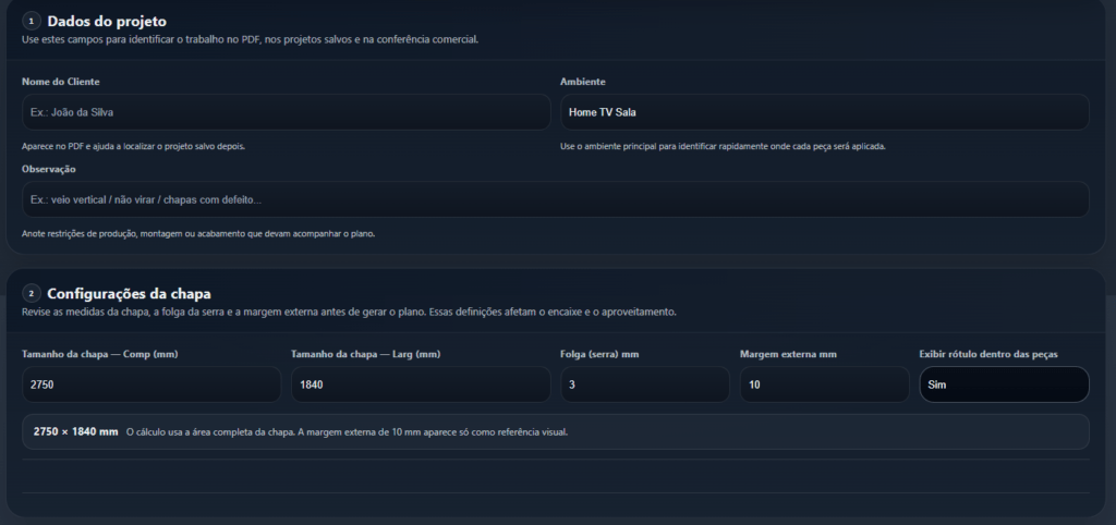 Dados do projeto e configuração da chapa para plano de corte