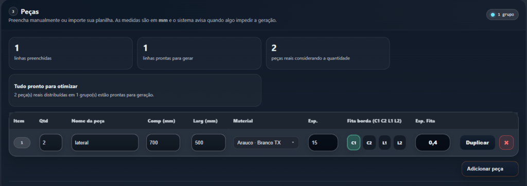 Plano de corte adicionar peças