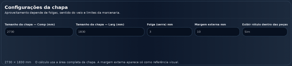 Gerador de Plano de Corte
Configurações da Chapa