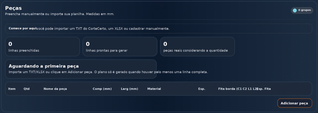 Gerador de plano de corte
Adicionar ou remover peças